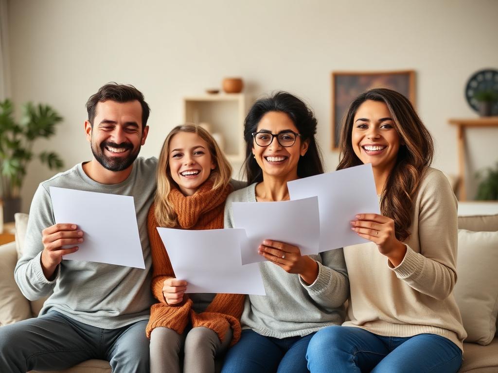 Happy family at home celebrating financial peace of mind after getting urgent loan